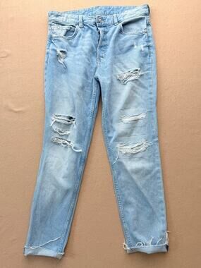 H&M &denim low rise boyfriend jeans rip destroyed 100% Cotton W27 SZ 6 straight